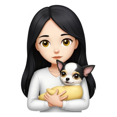 Fair skin girl - long black hair - white clothes - hugging a black, yellow and white Chihuahua sticker