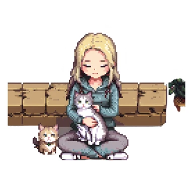 Remix using this girl as the character, petting a gray and blonde mixed cat in pixel art style. The girl is sitting cross-legged and the cat is curled beside her. sticker