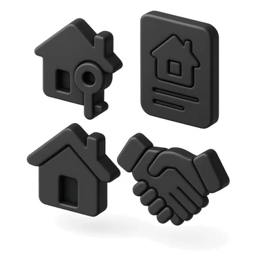 an icon representing mortgage services, including a house with a key, a document with a house symbol, and a handshake over a house, 3D black style sticker