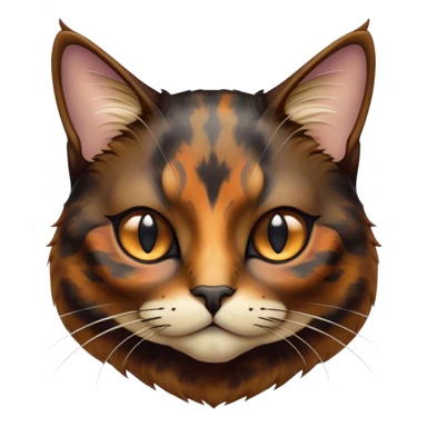 Cinematic Noble Tortoiseshell Cat Portrait Emoji, Poised and dignified, showcasing a luxurious, mottled fur of rich browns and blacks, with elegantly arched whiskers and a determined yet gentle expression, simplified yet meticulously detailed, glowing with a subtle, regal radiance, high shine, embodying quiet nobility and refined charm, soft glowing outline, capturing the essence of a sophisticated tortoiseshell cat exuding quiet authority! sticker