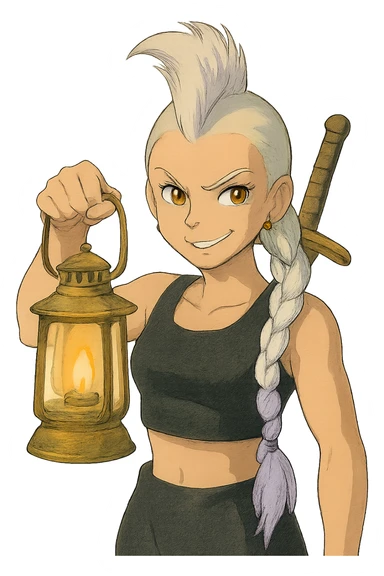 A sword maiden, mohawk, long braid white hair with lavender tips, gold yellow eyes, black crop top, brandishing a lantern. Mischievous smirk sticker