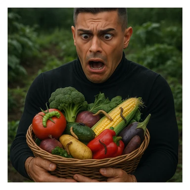 Create a realistic or semi-realistic style image of a 30-year-old man inspired by the reference image, holding a basket of vegetables and fruits. The man has a shocked expression. The produce has clear worms and insects crawling on it. The background is a garden. Focus on textures and a health risk atmosphere. sticker