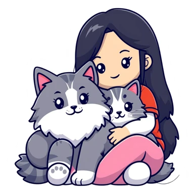 Girl with long black hair hugging a gray fluffy plush toy and a tricolor Maine Coon cat sticker