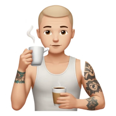 a white short guy wearing a white tank top with a buzz cut drinking a cup of coffee, hes got tattoos on his arms sticker