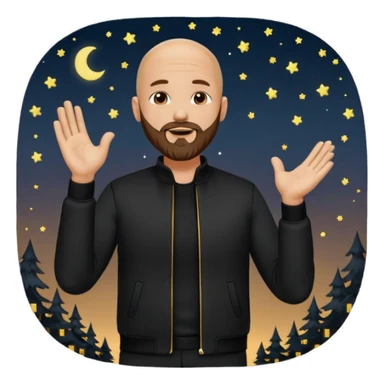 man with a bald head and beard, wearing an all-black outfit, standing and clapping his hands, outdoors at night sticker