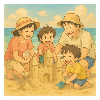 family building a sandcastle, ghibli style sticker