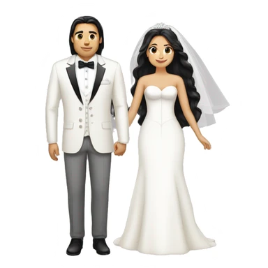 Chubby bride with long hair and tan groom with white suit and black hair sticker
