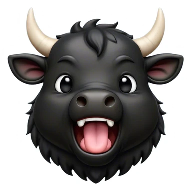 Cinematic Cute Yawning Black Bull Portrait Emoji, Head tilted slightly with a dramatic, wide-open yawn, showcasing a smooth, pure black hide with a subtle texture, floppy ears slightly drooping, round dark eyes barely open in drowsy contentment, Simplified yet irresistibly adorable features, highly detailed, glowing with a soft, cozy glow, high shine, relaxed yet expressive, stylized with a touch of rugged whimsy, bright and endearing, soft glowing outline, capturing the essence of a sleepy yet affectionate guardian, so drowsy it feels like it could charge right out of the screen and curl up for a nap! sticker