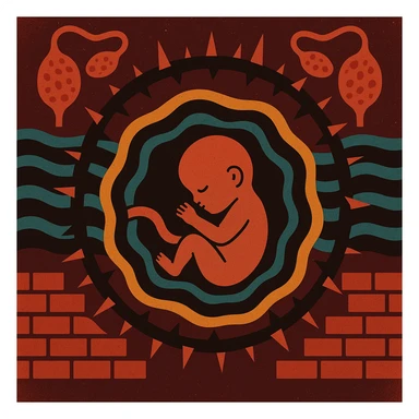conceptual illustration of stylized embryo surrounded by visual barriers like thorns, waves or walls, polycystic ovaries in background, colors suggesting difficulty and hostility, infographic style sticker