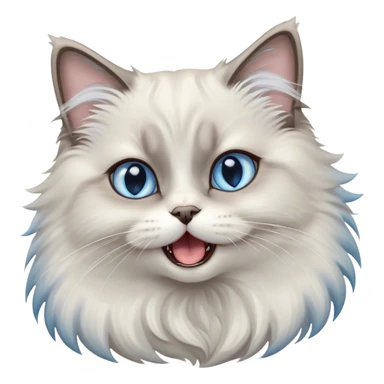 Cinematic Adorable Fluffy Light Grey Mantle Ragdoll Cat Portrait Emoji, Head tilted cutely with big, sparkling blue eyes, soft light grey fur with darker points on the ears, face, and paws, Simplified yet irresistibly adorable features, highly detailed, glowing with a soft, warm glow, high shine, yawning in a peaceful and playful manner, stylized with a touch of whimsy, bright and endearing, soft glowing outline, capturing the essence of a relaxed and loving kitten, so cute it feels like it could leap out of the screen and stretch into a cozy nap! sticker