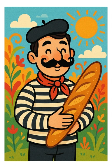 A charming, cartoonish style Frenchman with a moustache and a beret, holding a baguette, wearing a black and white striped shirt. sticker