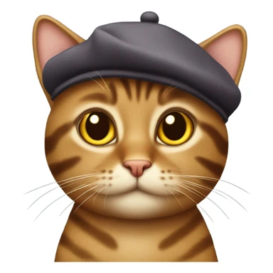 Brown tabby cat with a beret sticker