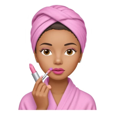 Mixed-race woman with caramel skin, wearing a pastel pink spa wrap, applying lipstick  sticker