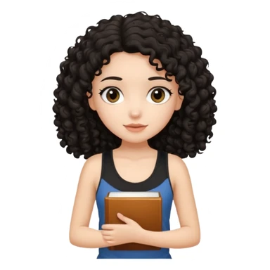 a pretty bratz fair girl with black curly hair in a brown tank top holding a book sticker