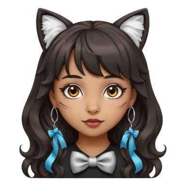Remove the apple from the collar completely. Keep the bow or paw print, silver O-ring, bangs, bold makeup, medium Hispanic skin tone, long dark wavy hair, and cat ears in apple emoji style. sticker