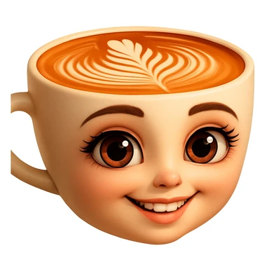 Edita la imagen para que el personaje de la taza de café  MANTENGA exactamente su estilo original,  y colores según la imagen de referencia. ELIMINA FONDO PARA QUE QUEDE TIPO EMOJI NO DBE TENER CUELLO. sticker
