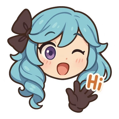 Gwen from League of Legends, chibi style, only head, right eye purple, one hand waving with glove, hi emote, surprised and happy, no text sticker