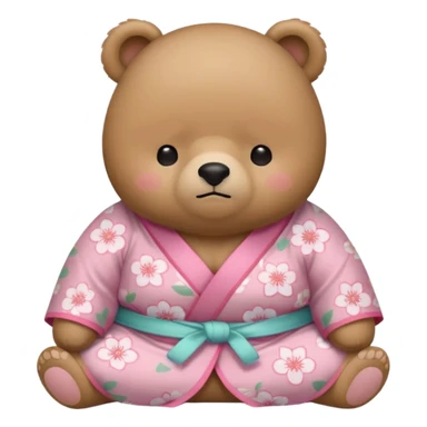 A cute chubby light-brown bear wearing a pastel pink sakura-patterned kimono, tiny body and round head, adorable simple face, sleepy half-closed eyes, small blush on cheeks, sitting while dozing off, tiny “zzz” floating above the head sticker
