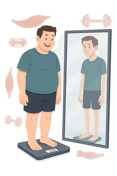 a man stands on a scale, smiling at the lower number, but his reflection in a nearby mirror shows a thinner, but also visibly weaker and less muscular body. Around him, floating icons or faded images of muscle fibers and dumbbells highlight the overlooked loss of muscle mass. The mood is cautionary and educational. in italiano sticker