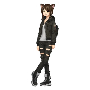 Edgy cool shy beautiful pretty anime punk tomboy with cat ears techwear cargo pants hoodie brown hair collar  sticker