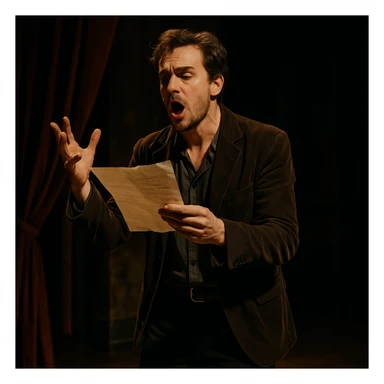 man reading a monologue, expressive, stage setting, theatrical, dramatic lighting sticker