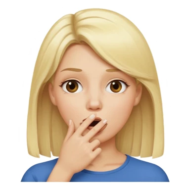 woman with blonde hair and hand over mouth sticker