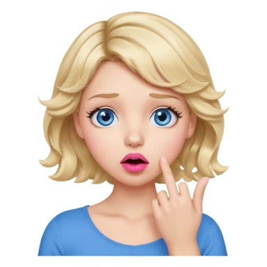 Girl Blonde short wavy hair,  blue eyes, cute blue top, long lashes, pink lips, shocked, hand over the mouth sticker