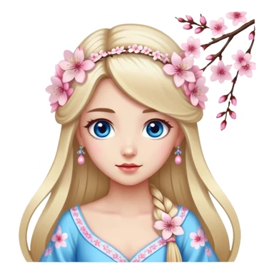 Turkish Girl with long blond hair with cherry blossom accessories on her hair with a long tailed cherry blossom designed dress on the ground and have blue eyes with beautiful finish  sticker