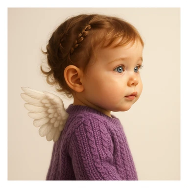 3D realistic game concept art of a cute baby girl, golden brown hair in little braids, charming blue eyes, wearing a cute purple knit sweater, with angel wings on her back, side view, clean background, high-end, creative, minimalist sticker
