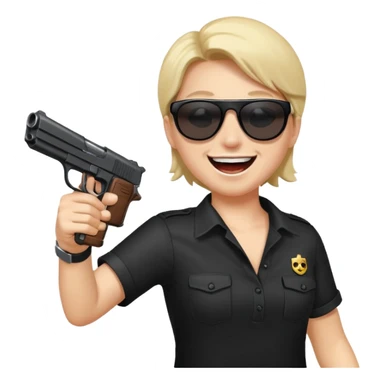 Quiero un emoji con lentes negros con una pistola automática en la mano riéndose y pasandose la pistola por la cara sticker