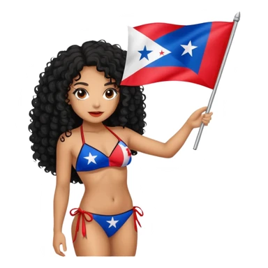 Tan skin girl with black curly hair holding a Puerto Rican flag while wearing a bikini sticker