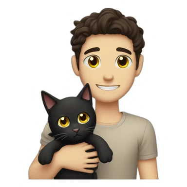 Guy with dark brown hair curtains  hairstyle and brown eyes hugs a black cat with yellow eyes sticker