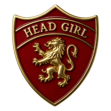 real Gryffindor head girl badge, no people, raised lion emblem, 'Head Girl' text, shiny red and gold finish, official Hogwarts award style sticker