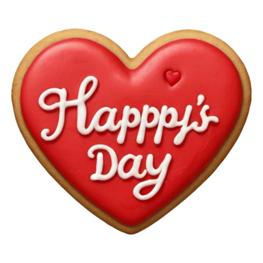 Heart-shaped cookie with red icing emoji, write 'happy valentine's day' on top of the red icing in white icing sticker