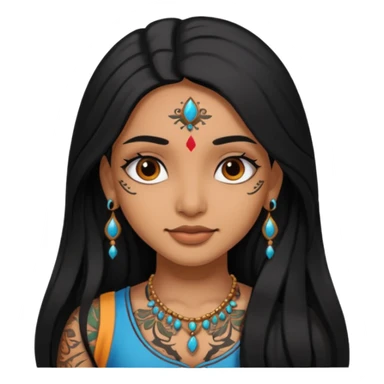 an ios genmoji for a pretty  indian girl with black long hair  tattooed, beautiful girl sticker