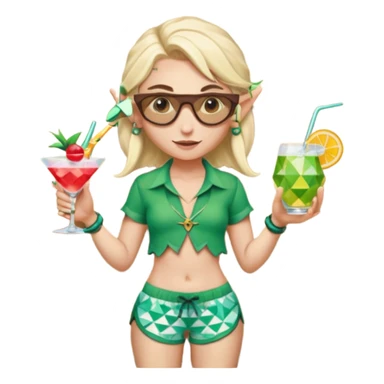 elf female legolas portrait, patterned board shorts (geometric/abstract), unique wooden-framed sunglasses, undercut hairstyle, slight smirk, visible pointy ears, no background, centered emoji, hipster summer vibe coctails sticker