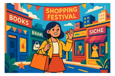A young woman with a shopping bag, in a city street, vibrant colors, detailed background, shopping festival, niche brands, aesthetic lifestyle sticker