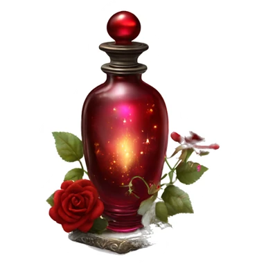 Dark red magic fairy sparkling old Antique oil perfume bottle with herbal and rose flowers sticker