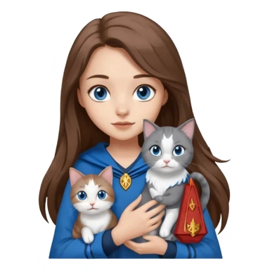 gorgeous Girl with light skin, blue eyes, long brown hair, wears a ravenclaw outfit, with a grey and white cat holding in her arms sticker