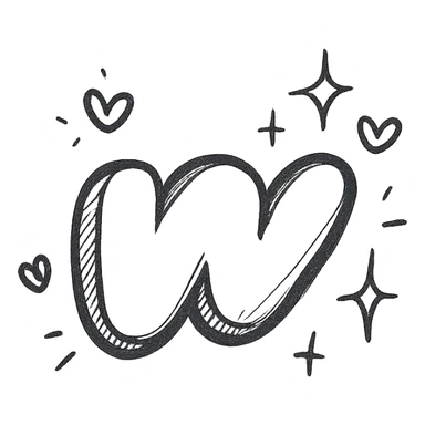 plump hand-drawn Wattpad logo 'w' with bold outline, expressive shadows and highlights, decorated with sparkles and floating hearts around the logo, no background sticker