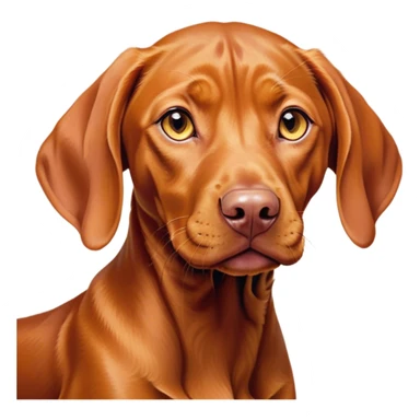 Cinematic Cute Vizsla Portrait Emoji, Head tilted playfully and inquisitively, featuring a sleek rust and gold Fur with a natural sheen, round, sparkling amber eyes filled with curiosity, Simplified yet irresistibly adorable features, highly detailed, glowing with a warm, friendly glow, high shine, affectionate and spirited, stylized with a touch of whimsy, bright and endearing, soft glowing outline, capturing the essence of a mischievous yet loving companion, so playful it feels like it could dash out of the screen and into your arms! sticker