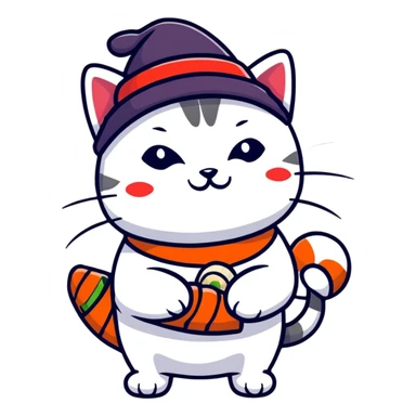cat wearing a hat made out of sushi sticker