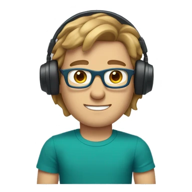 white young man light brown hair square glasses blue eyes wearing green t-shirt with laptop and headphones sticker
