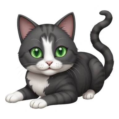 beautiful female solid dark grey cat with green eyes, white toes/paws and white patch on her chest playfully rolling upside down sticker
