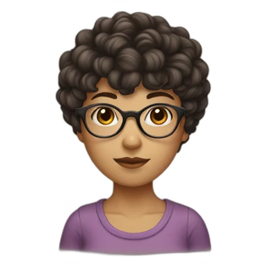 girl with short curly dark brown hair and bangs and she has thin glasses sticker