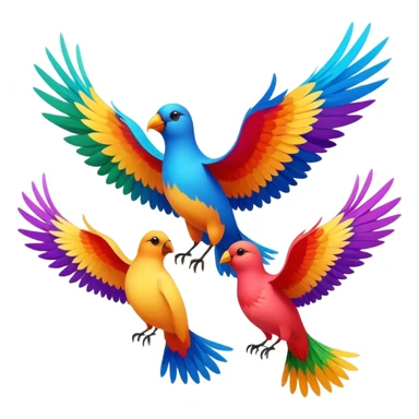 Three colorful birds flying together in the sky, each with vibrant feathers, wings spread wide, moving in harmony and creating a lively, joyful scene sticker