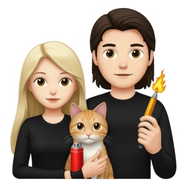 The man is wearing a black shirt and the women is wearing a black top and has longer hair. The cat is lighter  sticker