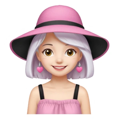 Girl in pink dress and sunhat smiling, black 2 string dress, white hair sticker