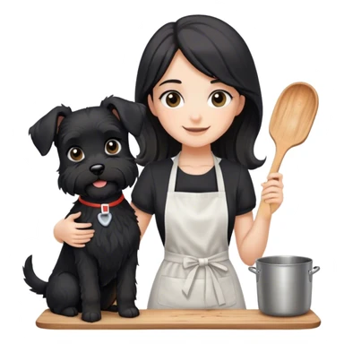 pale smiling girl baking with long back hair wearing black long shirt wearing apron holding black  schnauzer sticker