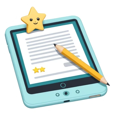Create an emoji representing fanfiction writing. The design should feature an open notebook or digital device with visible text, symbolizing the creative process of writing fanfiction. Include elements like a pencil or pen nearby, and optionally, add a subtle reference to popular fictional characters or universes (like a small star, heart, or magical item) to indicate the fan aspect. Use a playful, imaginative color palette, blending vibrant tones with soft neutrals. Do not include any emojis or smiley faces. Make the background transparent. sticker